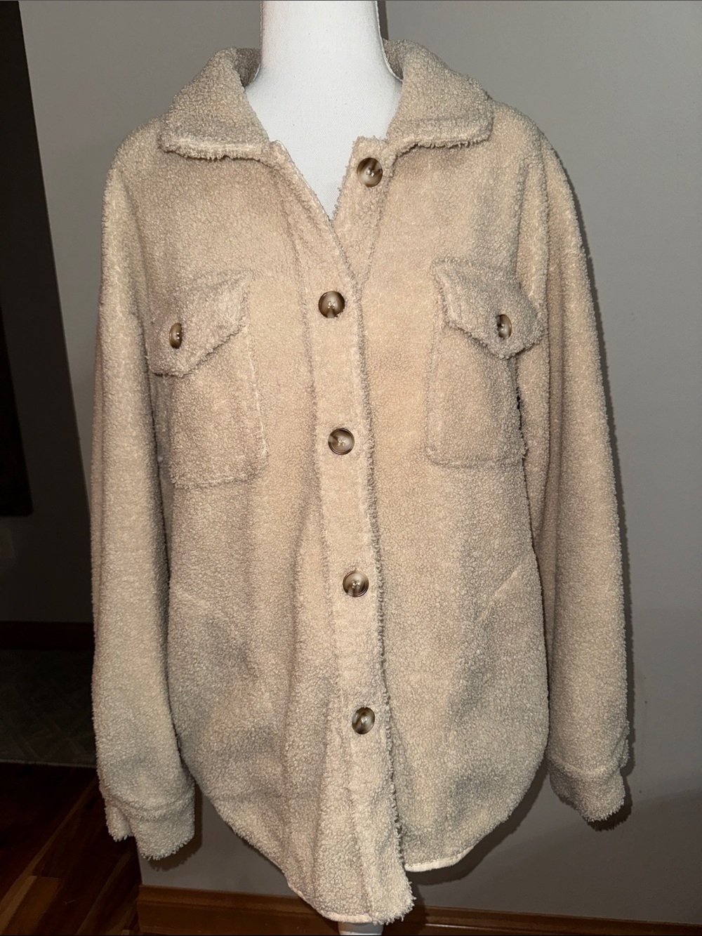 Women's Cream Teddy Sherpa Button-Up Jacket - Large